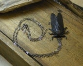 CICADA. Blackened brass insect necklace