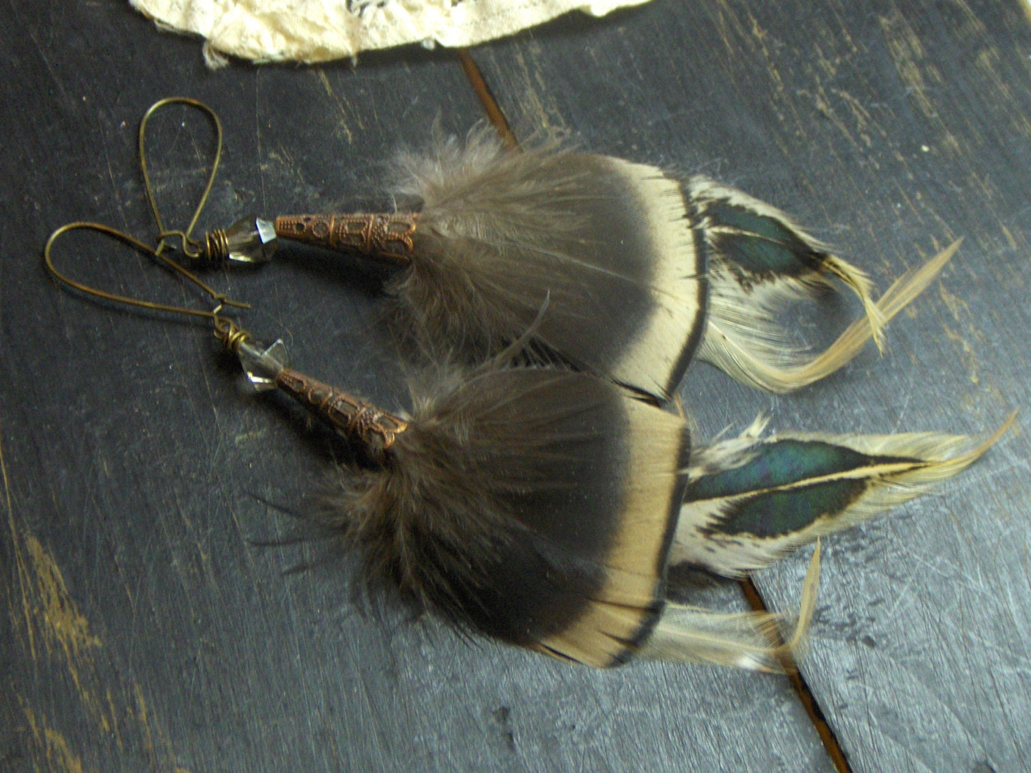 Tinsel Swan.  Black and Cream Feathers and Smoky Quartz earrings