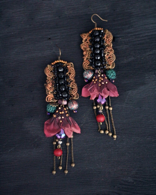 Shanghai , bold lightweight oriental earrings, hand beaded antique trims