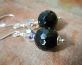 Little Black Dress Earrings -- Faceted Onyx Gemstones, Heirloom Aurora Borealis Crystals, Sterling Silver Accents & Handmade Sterling Hoops