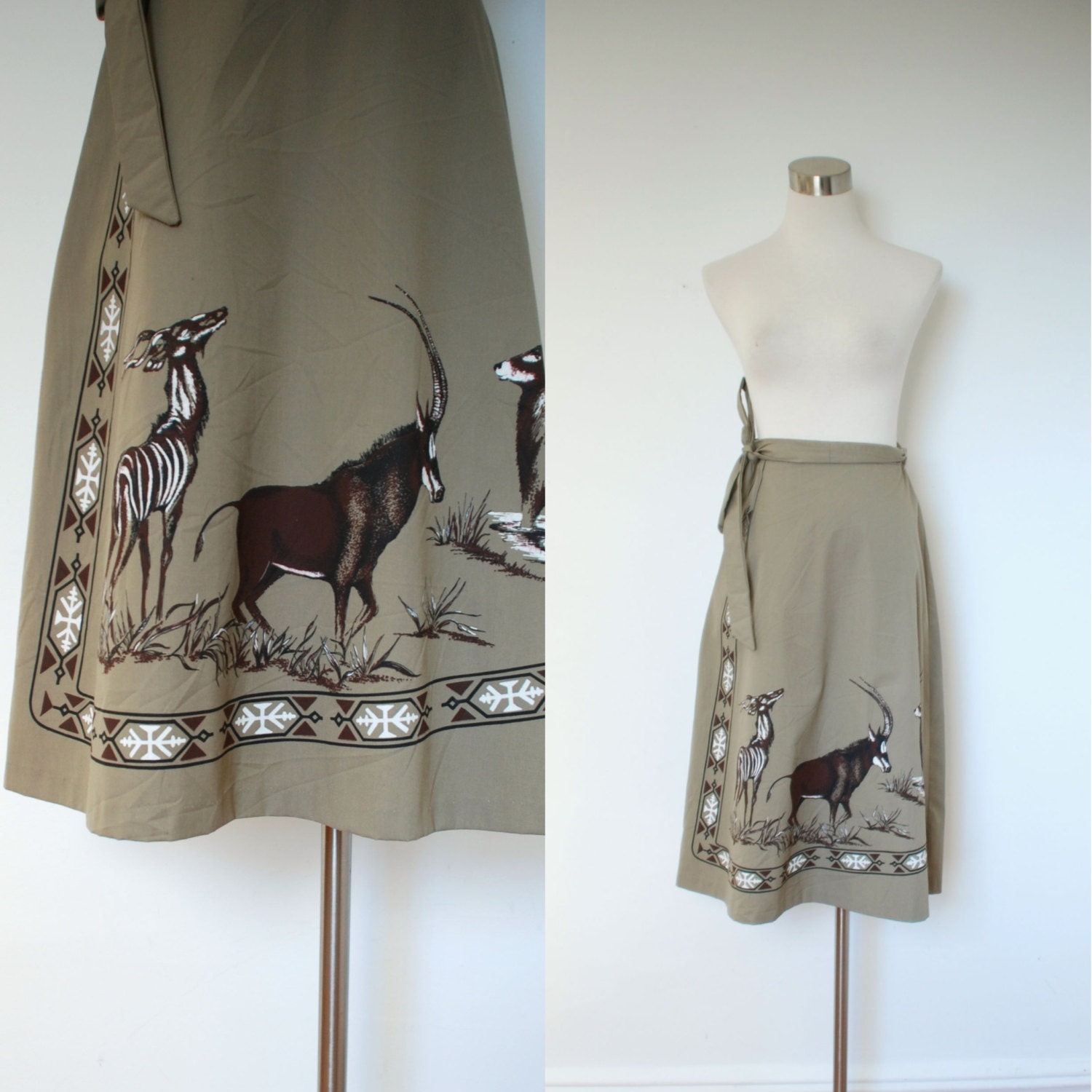 African Animal Print Skirt / 1970s Wrap Skirt / Olive Green (S M L)