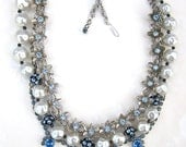 Blue Rhinestone and Pearl Vintage Wedding Necklace with Silver Flowers Bridal Statement - Something Blue Hue