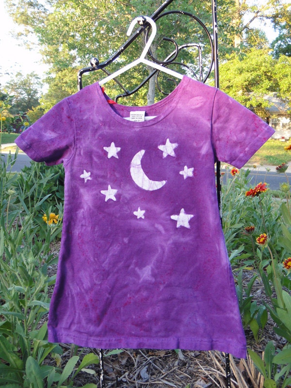 Girls Dress: Purple with Batik Crescent Moon and Stars, Short Sleeves (2T) READY TO SHIP