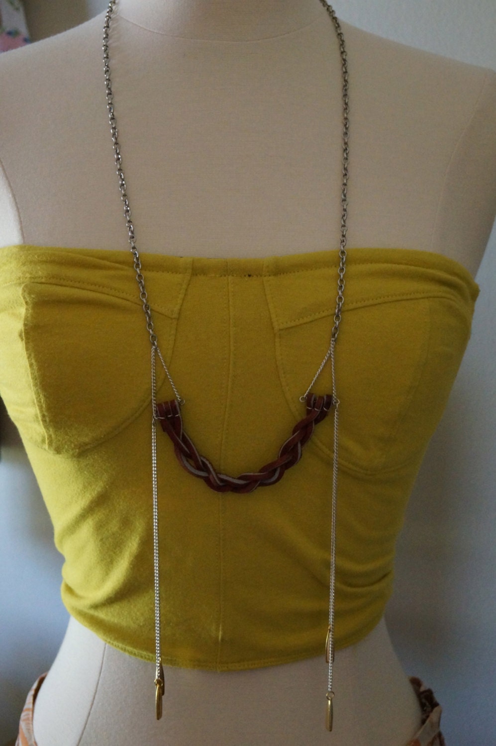Maroon Leather Braided Chain Necklace with Gold accents.