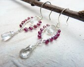 handmade jewelry - quartz and garnet earrings - sterling silver - dangle wire wrapped - gypsy earrings