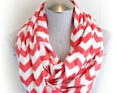 Coral Chevron Infinity Scarf, Coral and White Chevron Jersey Knit Loop Scarf