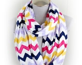 Multicolor Chevron Infinity Scarf, Pink Navy Yellow and Lavender on White ZigZag Nursing or Breastfeeding Jersey Loop Scarf