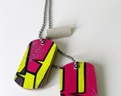 Pink and Bright Yellow Wooden Recycled Skateboard Double Dog Tags