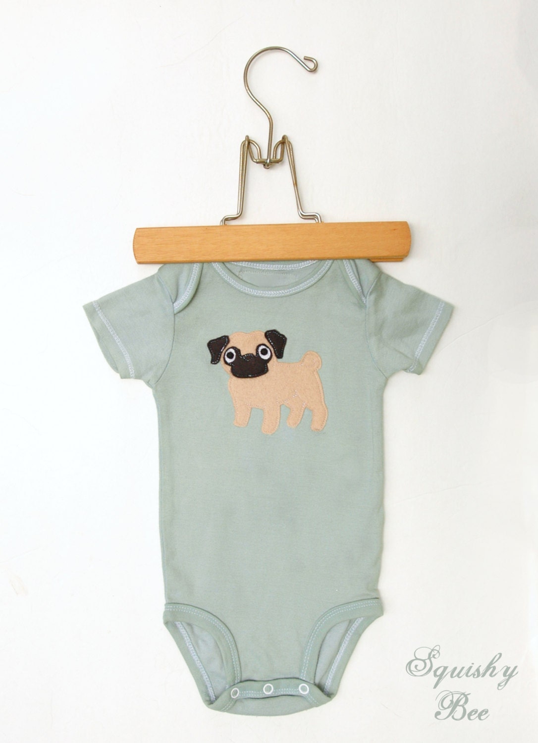 Hand Dyed Sage Green Pug Puppy Dog Bodysuit Short Sleeve size 6 months READY TO SHIP - SquishyBee