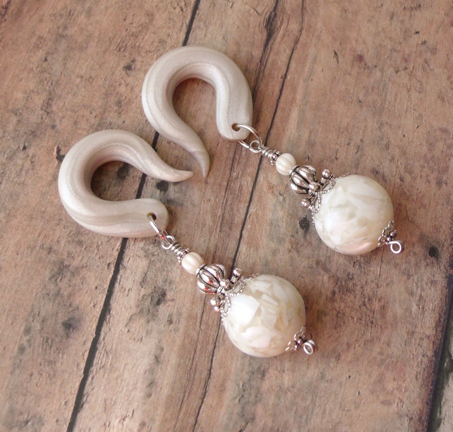 Silver Mosaic Pearl Gauged Earrings