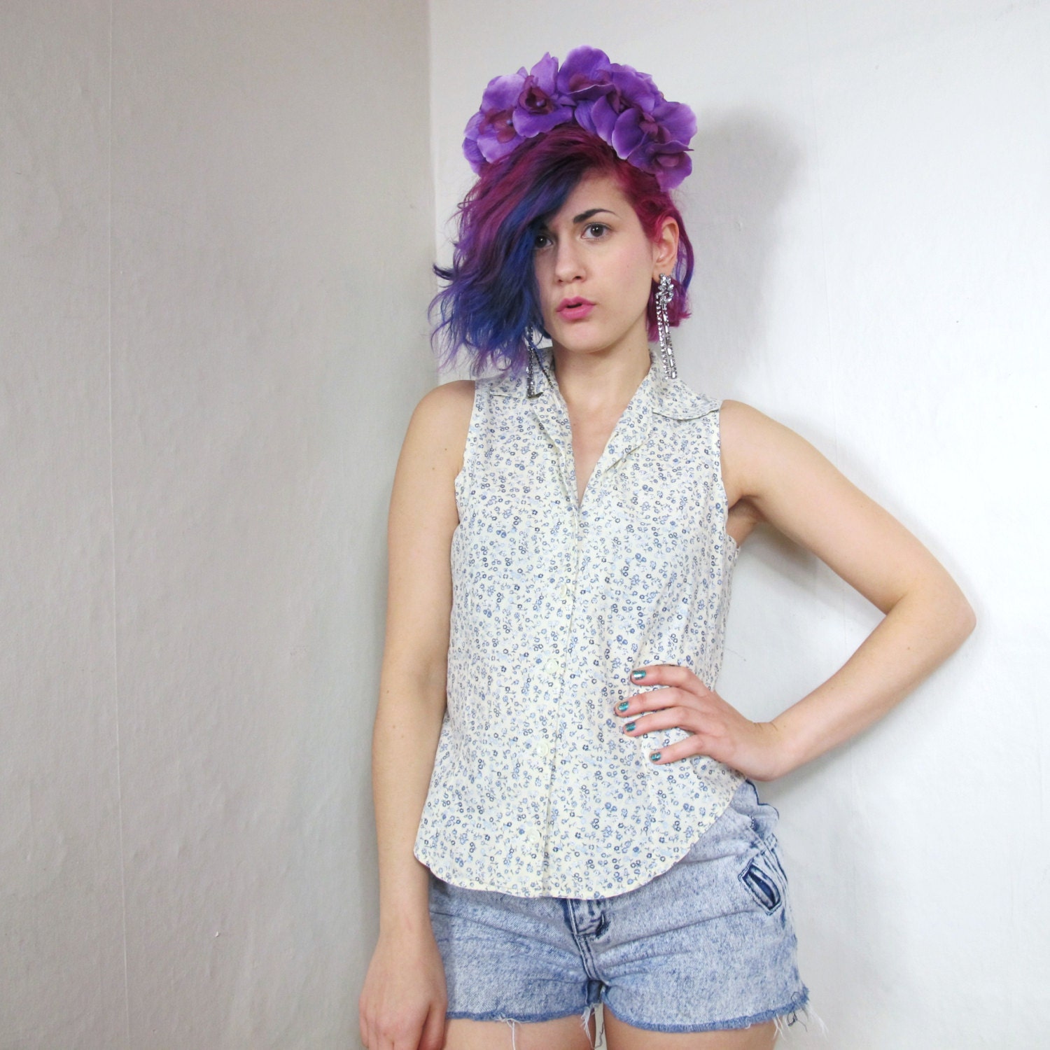 90s Floral Grunge Sleeveless Blouse (S/M)