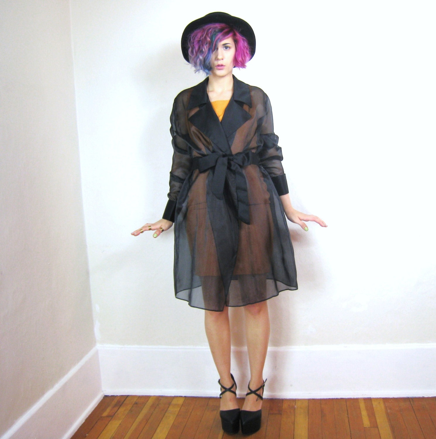 90s Chic Black Sheer Illusion Belted Blazer Evening Jacket (L/XL)