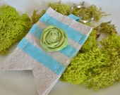 Drop Cloth and Ribbon Key Chain - handmade - Silk Ribbon Rosette - blue seam binding