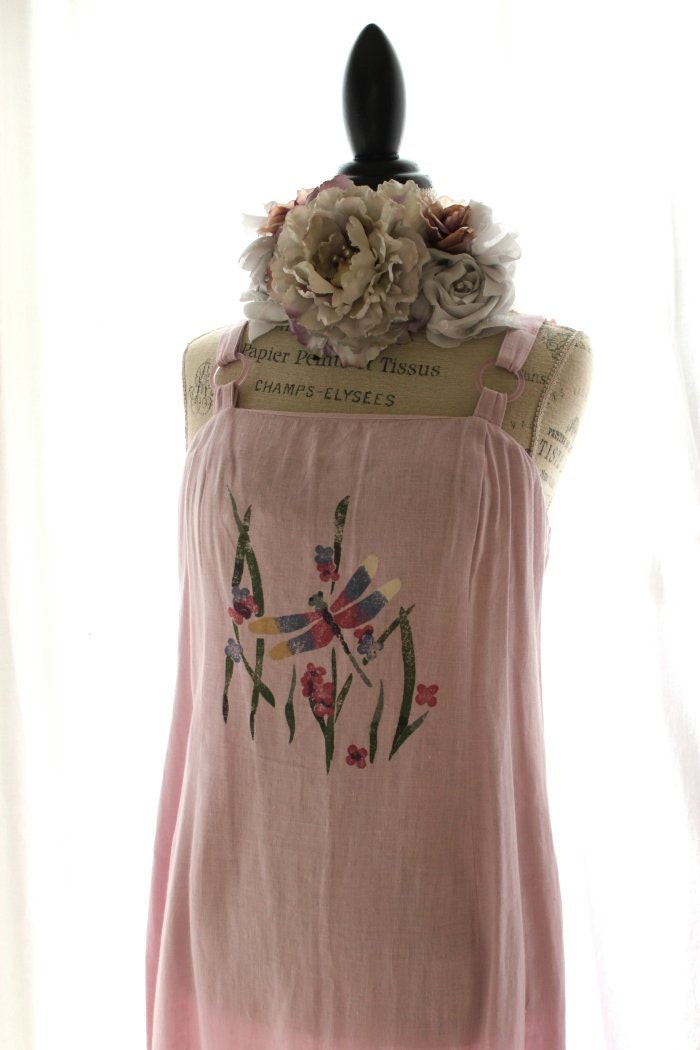 Vintage 80's apron dress, country chic handpainted maxi dress, boho chic, linen dress, women's clothing, true rebel clothing, small