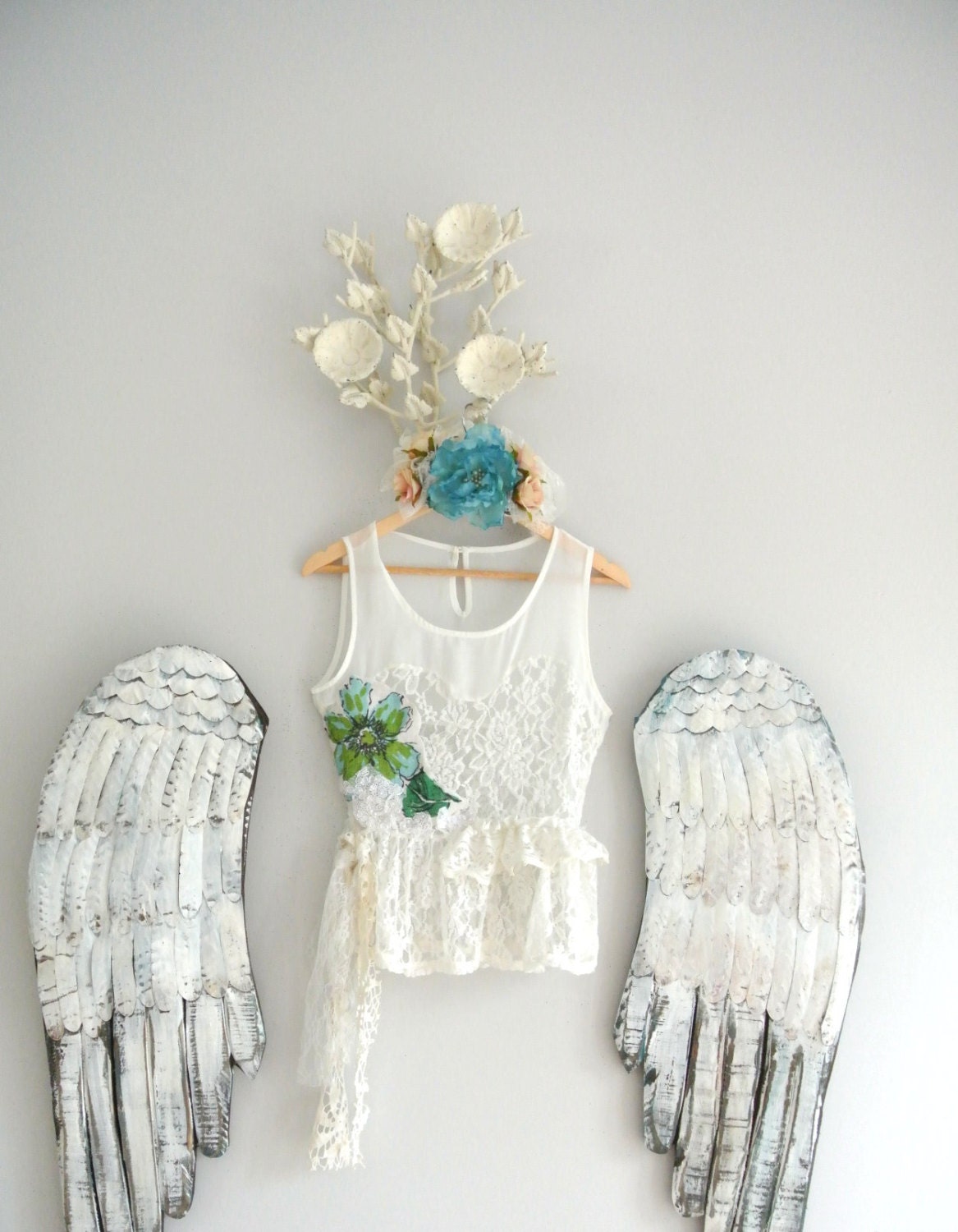White lace top, shabby peplum, romantic cottage chic rose embellished shirt, summer boho clothing, True rebel clothing, Med