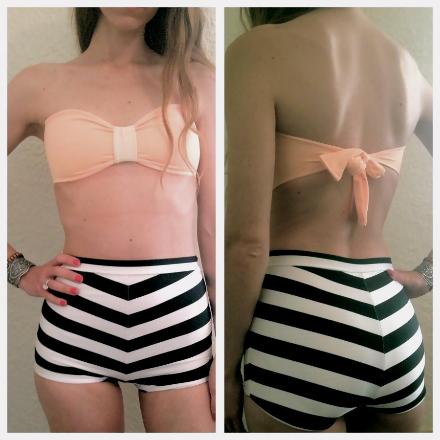 Black, White, and Peach Vintage High Waisted Bathing Suit