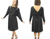 SALE - 1970s does 1940s Vintage Dress Black w Bat Wing Sleeves