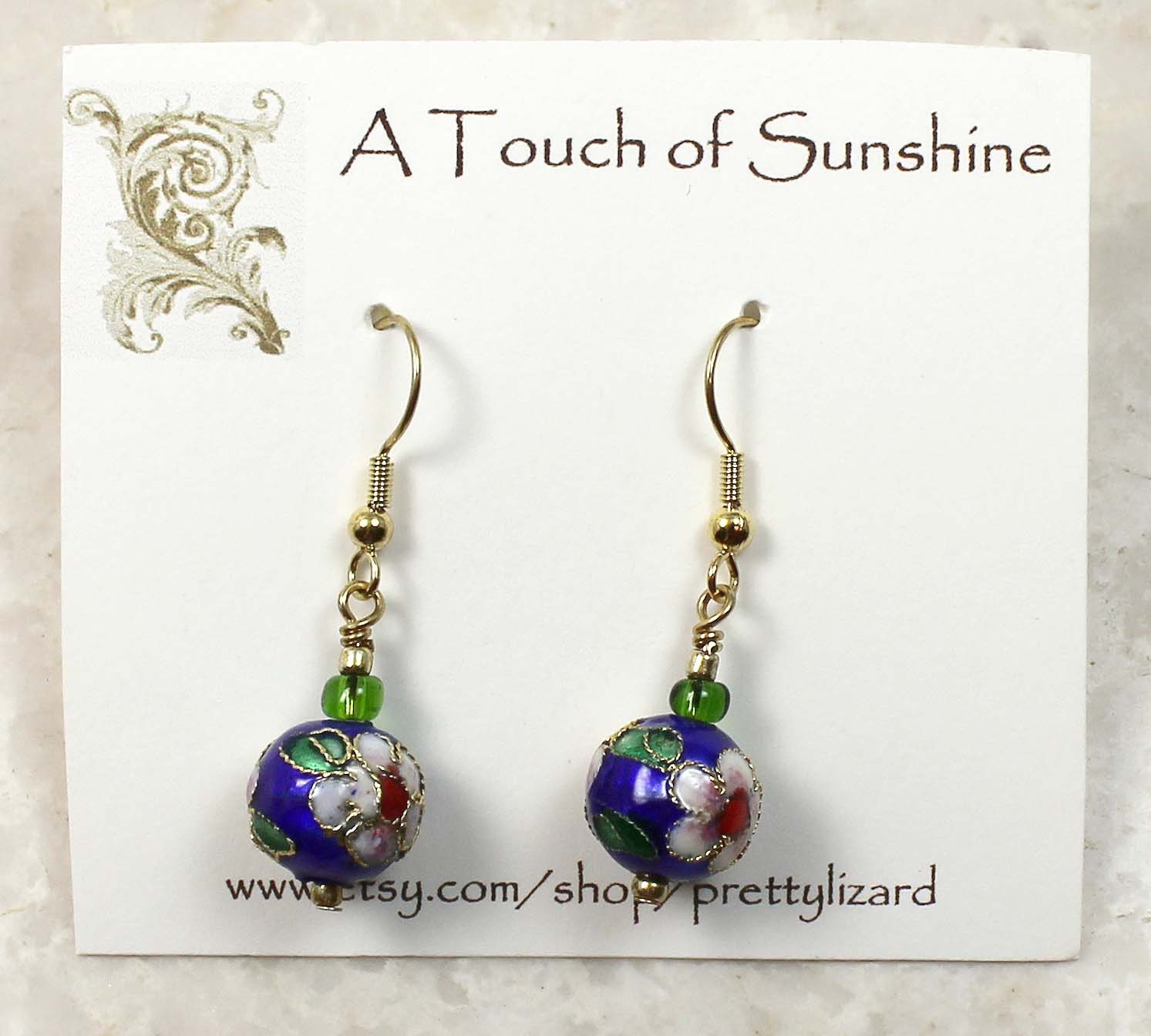 Cloisonne Earrings in Deep Blue and Gold with Pink and Red Flowers