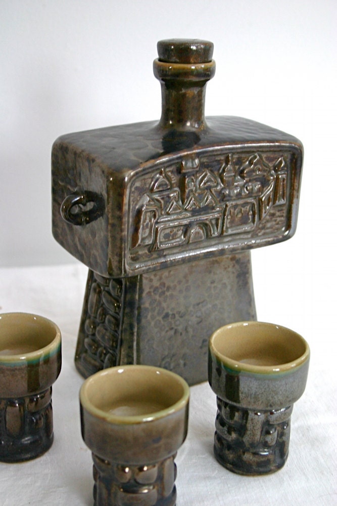 Russian Ceramic Decanter and Glasses