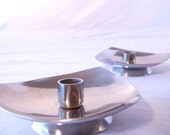 Pair Danish Modern Candle Holders, Selandia Stainless Steel Triangular Midcentury Atomic