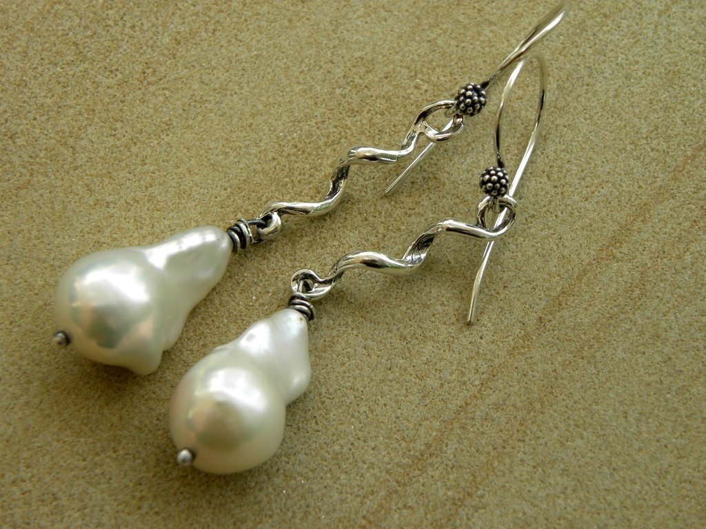 Natural White Baroque Nuclear Pearls Sterling Silver long Earrings Modern Unique