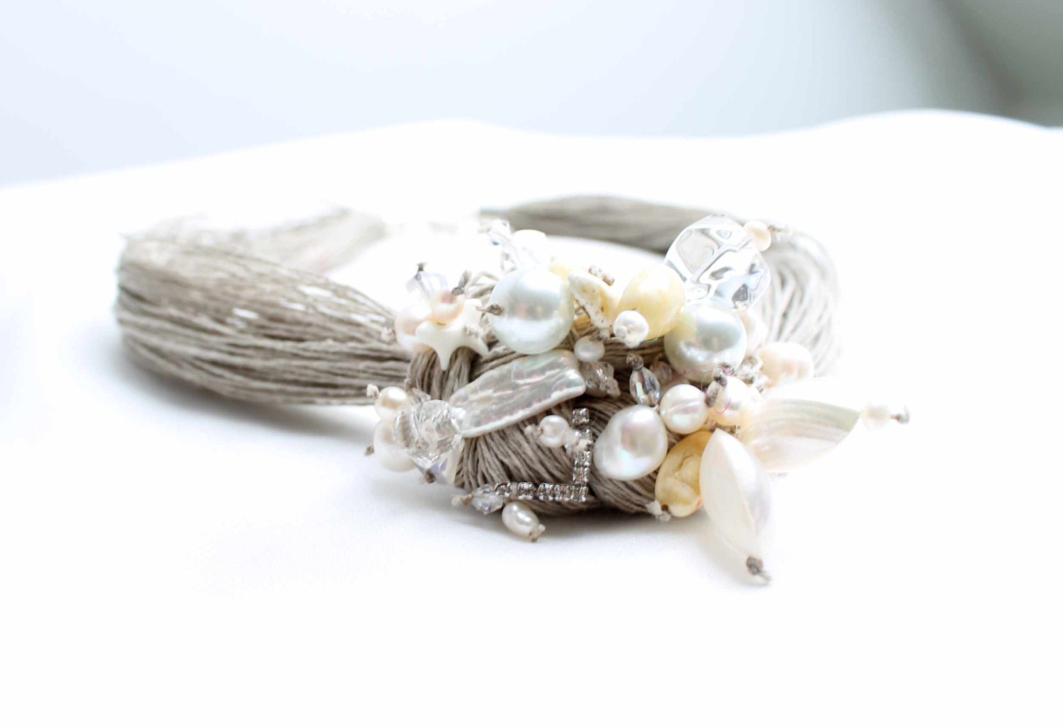 Pearl Shell White Amber Wedding Linen Necklace Linen Bridal Natural Pearl Jewelry OOAK Statement Necklace Junes Birthstone Snow White