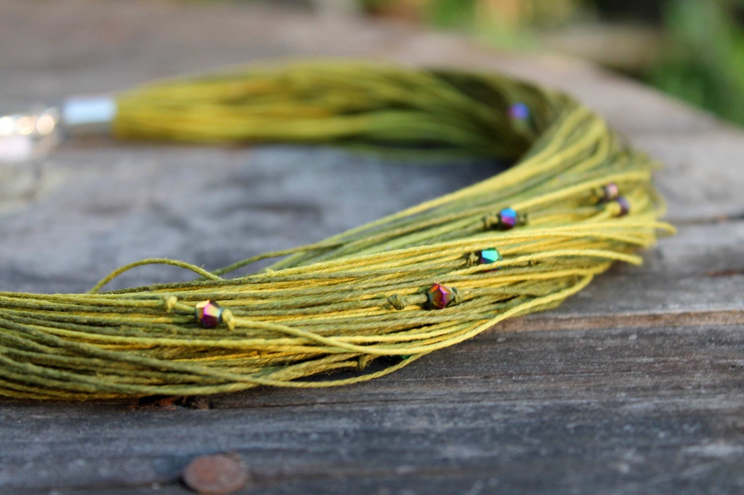 Multistrand Necklace / Green Beaded Necklace / Organic Linen Jewelry / Forest Moss Green / Zen Eco Style