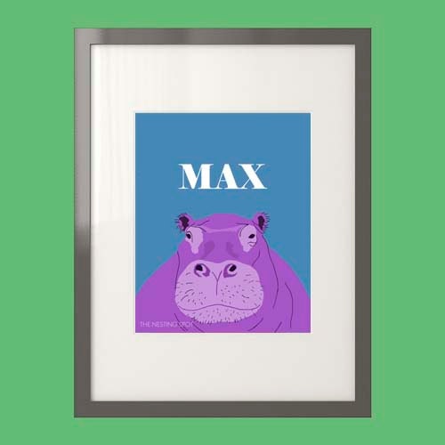 Personalized Hippo Art Print in Blue, Green, or Coral- 8 x 10 or 5 x 7