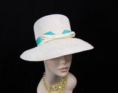 1960s White Straw Hat - White and aqua Summer Hat - FrocksnFrillsVintage