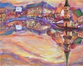 Beautiful Impressionist Pink Landscape Painting of Iceland Reykjavik City Lake - Original Acrylic Art by Yen
