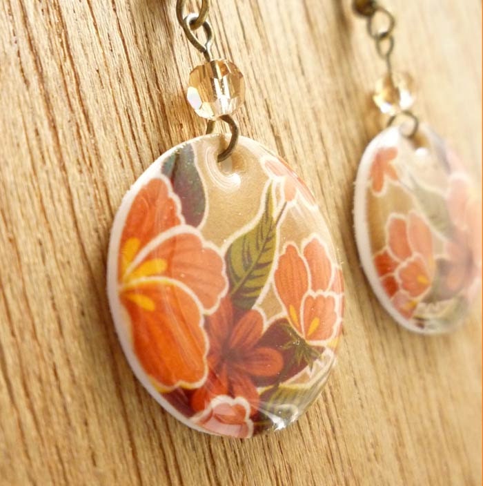 Tropical Earrings Inspired by Mexican Oilcloth - Tan, Coral, Red and Green with Light Topaz Swarovski element