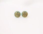 Vintage Gold Flower Etched Stud Earrings - Teal or Red