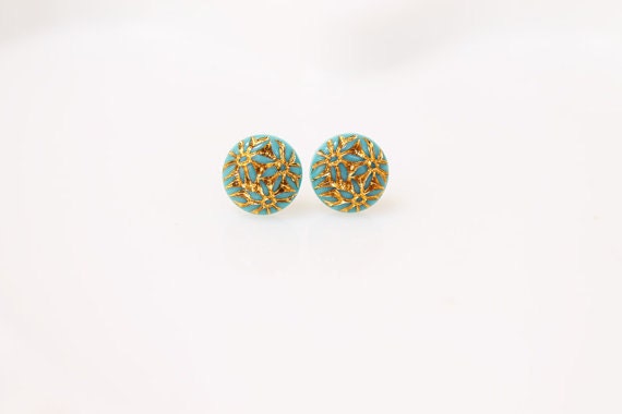 Vintage Gold Flower Etched Stud Earrings - Teal or Red