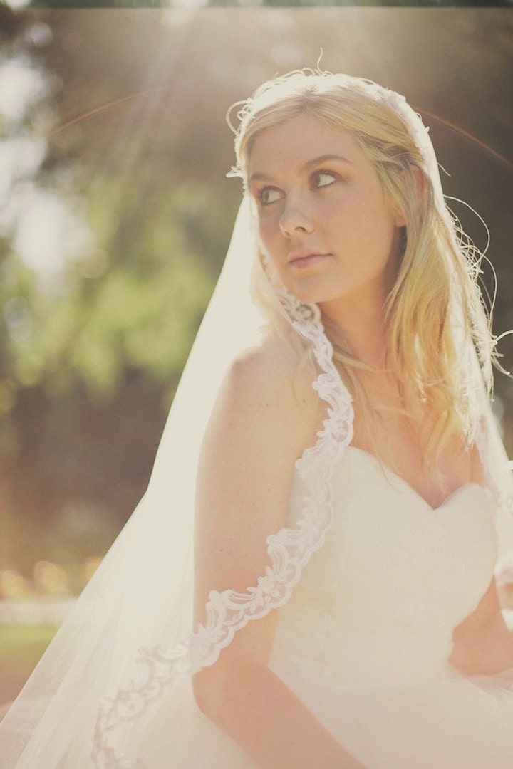 Alexandra Mantilla Veil with Beaded Lace Edge Trim Available in White and Ivory