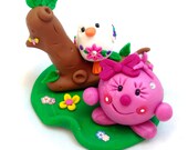 Lolly Finds a Flower Bird Figurine - Polymer Clay Character - StoryBook Scene Sculpture