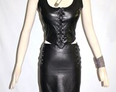 Vintage GIANNI VERSACE Leather Corset Dress Black Biker Medusa Head Bustier Mini Skirt