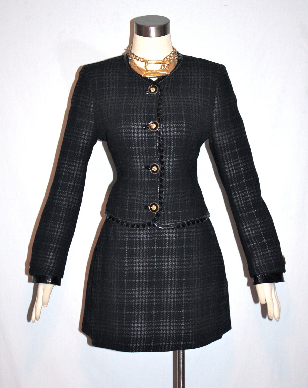 Vintage GIANNI VERSACE COUTURE Suit Black Patent Leather Plaid Medusa Button Blazer Mini Skirt Suit