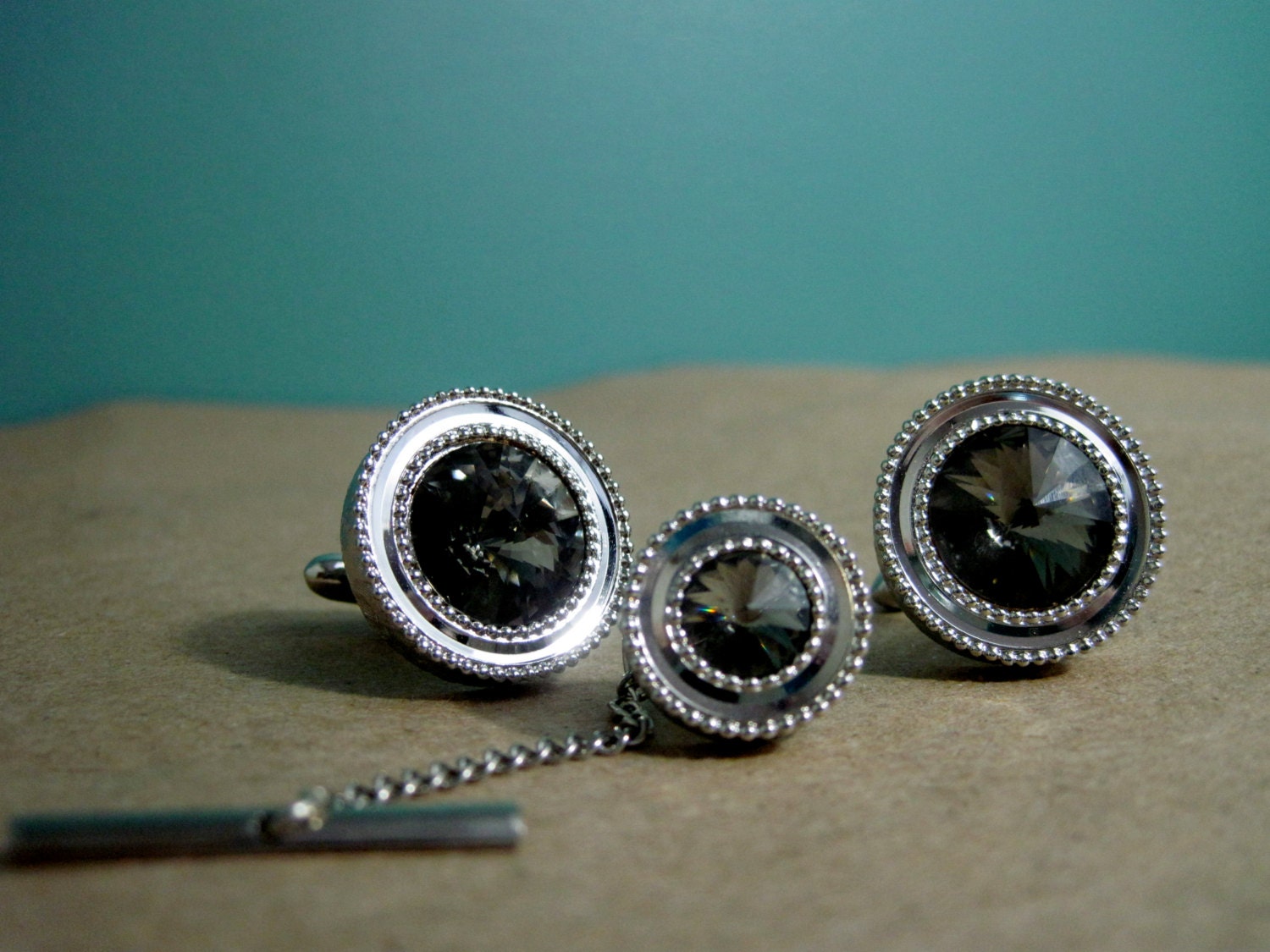 Silver Tone Cuff Link and Tie Tack Set with Dazzling Grey Gems