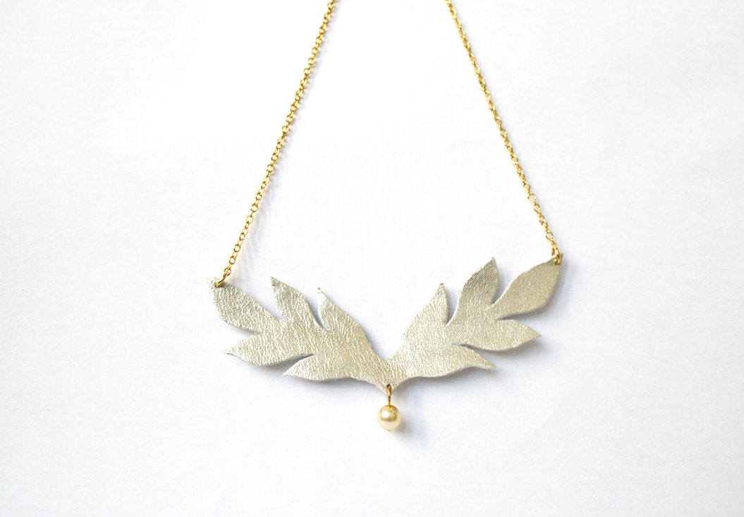 Nike goddess necklace, golden leather leaves and ivory pearl necklace, wings leaves feather necklace, pearl necklace,
