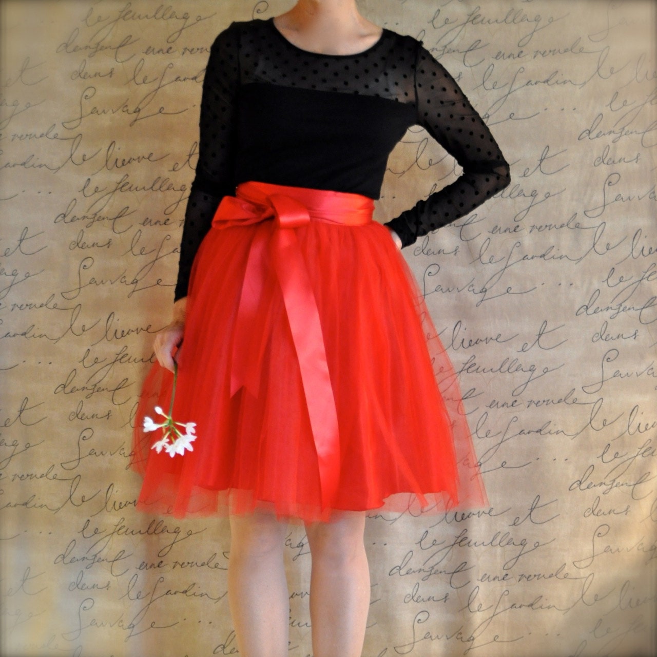 Ready to ship red tulle skirt tutu for women lined in red satin with a red satin ribbon waist. Spring special occasion.