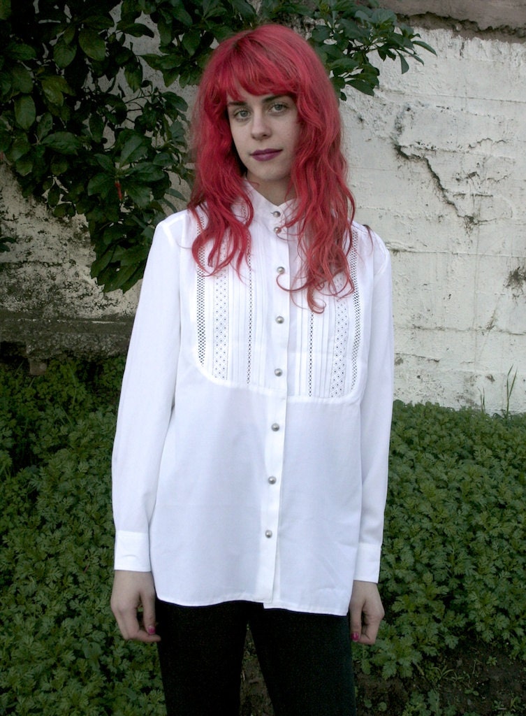 Vintage 1980's White Swiss Cotton Pintuck Pleat Tuxedo Blouse S/M