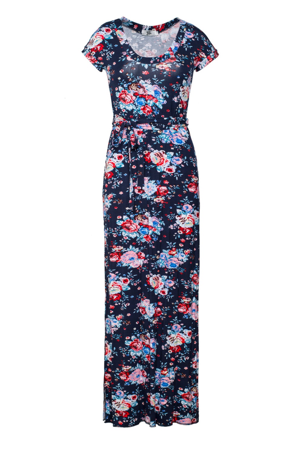 Maxi dress. flower print dress.Floral dress. blue dress.bridesmaid dress.navy blue dress.jersey dress.casual dress.Summer dress