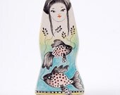 Fish Clay Brooch / Underwater World and Little Girl Air Dry & Drawing Pin- FREE SHIPPING