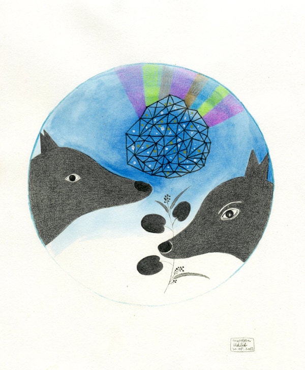 I'll Give You the Stars / Surreal Watercolor and Drawing / Two Dogs