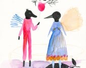 A Dream Came True / Original Watercolor and Drawing / Wolf and Bird with Wings / Love Art