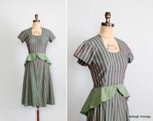 Vintage 1940s Dress : 40s Striped Cotton Peplum Dress