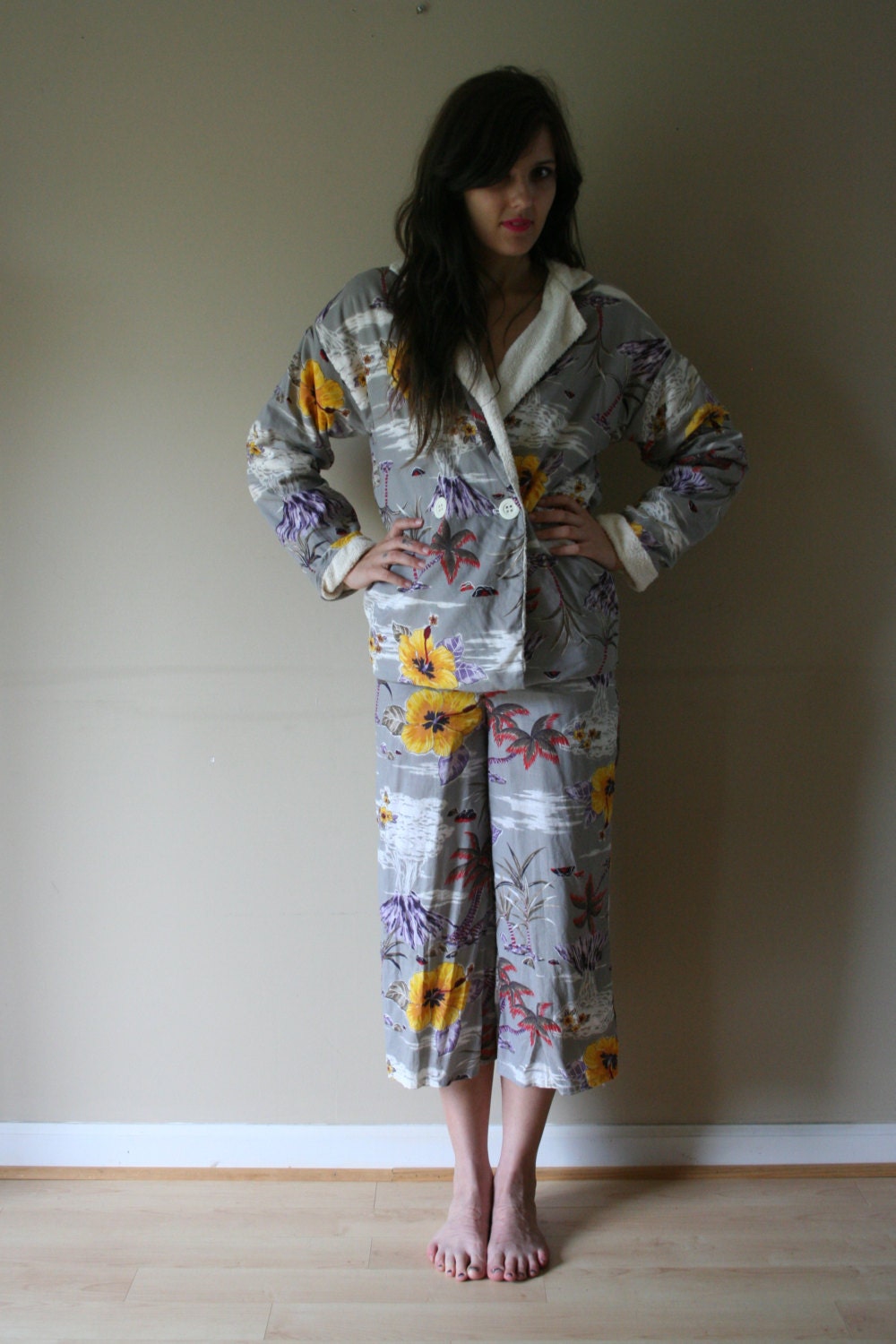 Terry Cloth and Cotton PJs by Clovis Ruffin / 80s Nightwear / Loungewear / Boudoir . Vacation Novelty Cotton Pajamas / Size Small sm 0-2