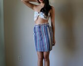 Mini Jean Skirt / 90s Washed Out / Denim Stripe Skirt / Navy Blue with Purple Teal Beige White Stripes / Size Small sm 0-2
