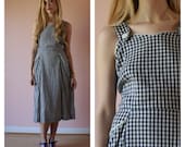 40s Sundress / Lolita / Navy and White Checkered Picnic Dress / Pinafore Dress / Size Large-Extra Large xl 12-14
