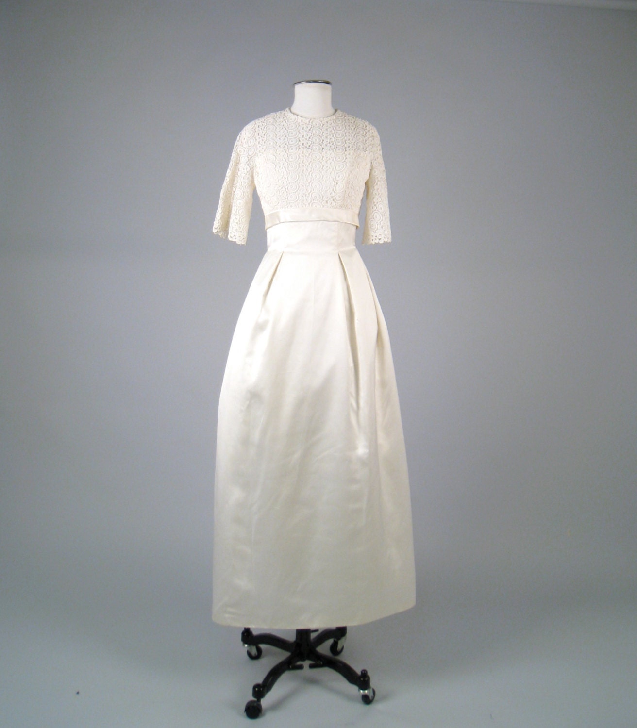 Vintage 1960s column wedding dress with crochet bodice and train